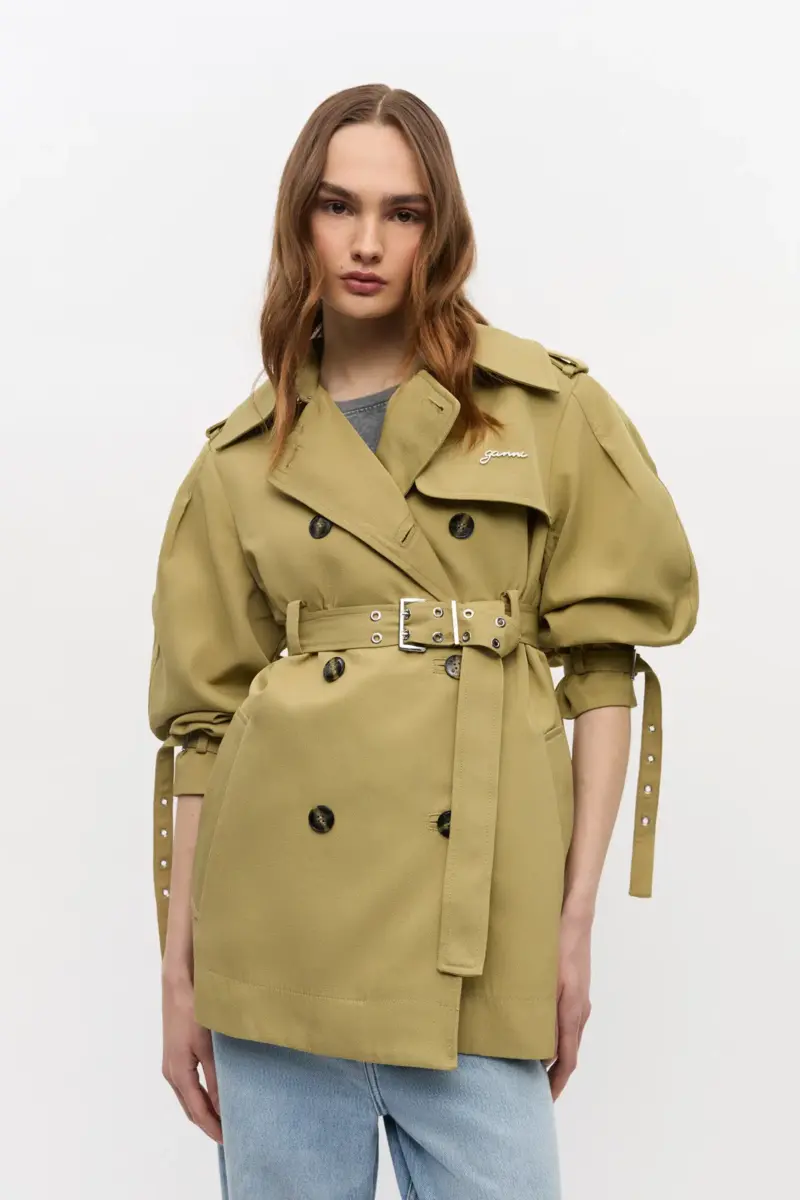 Beige Heavy Twill Midi Trench Coat