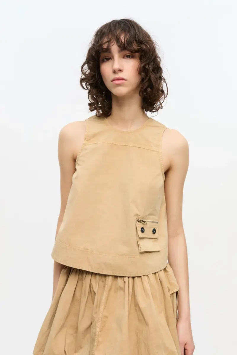 Beige Washed Stretch Cotton Sleeveless Top