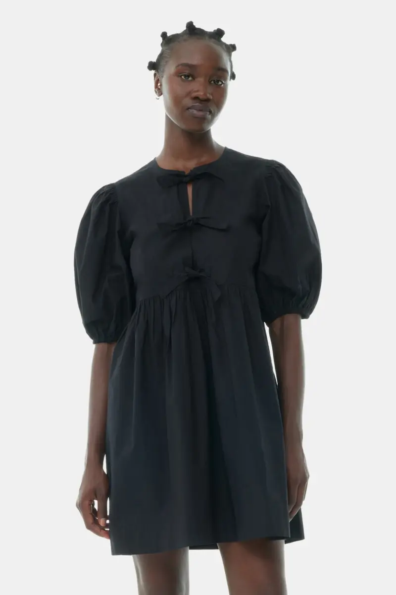 Black Cotton Poplin Tie String Mini Dress