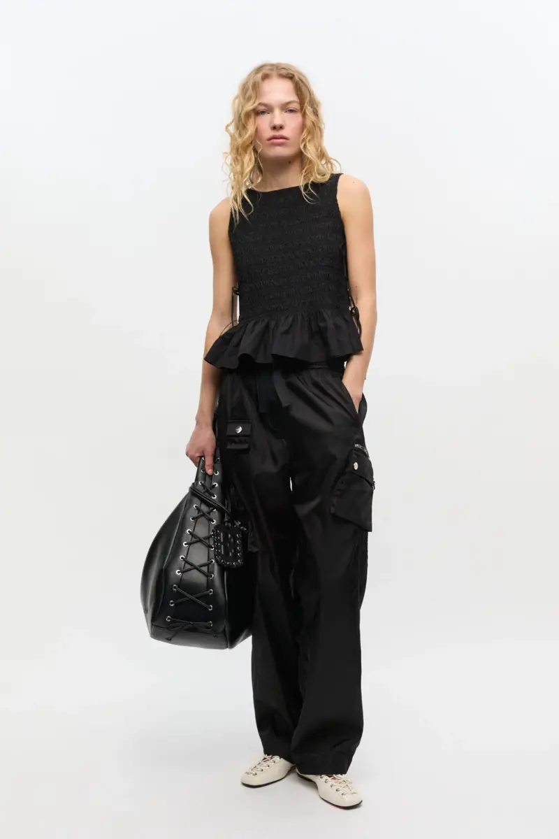 Black Cotton Smock Tie Top