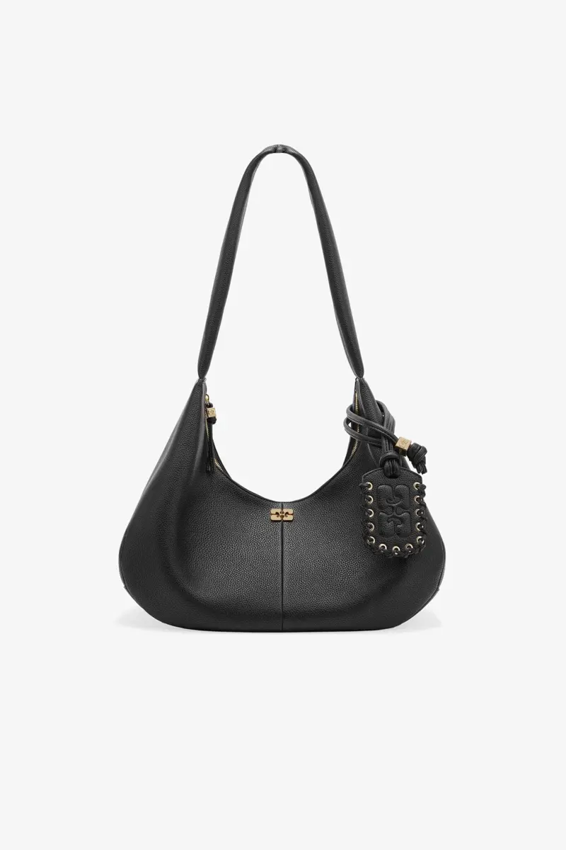 Black Grained Medium Hobo Bag