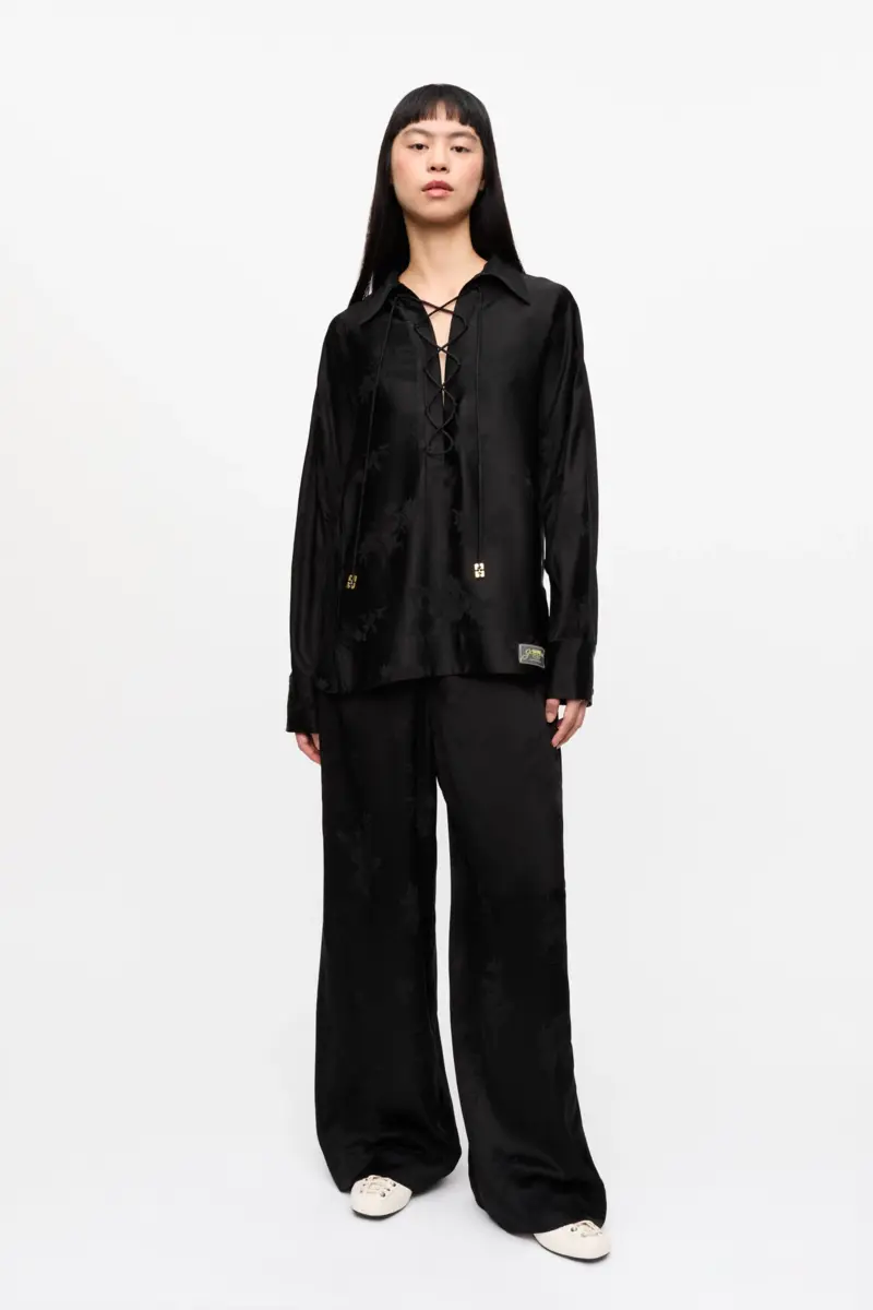 Black Satin Jacquard Tie String Shirt Black Satin Jacquard Tie String Shirt