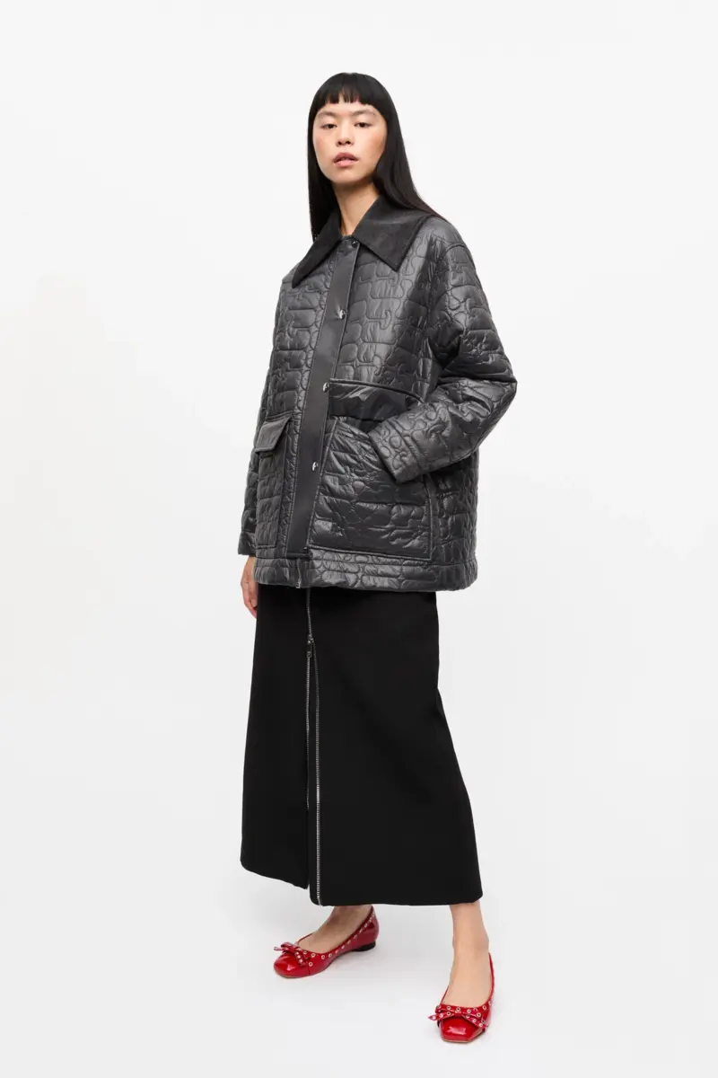 Black Shiny Quilt Midi Jacket