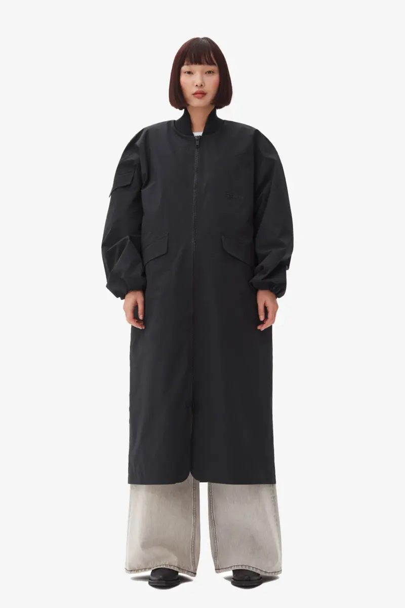 Black Tech Seersucker Oversized Shell Coat