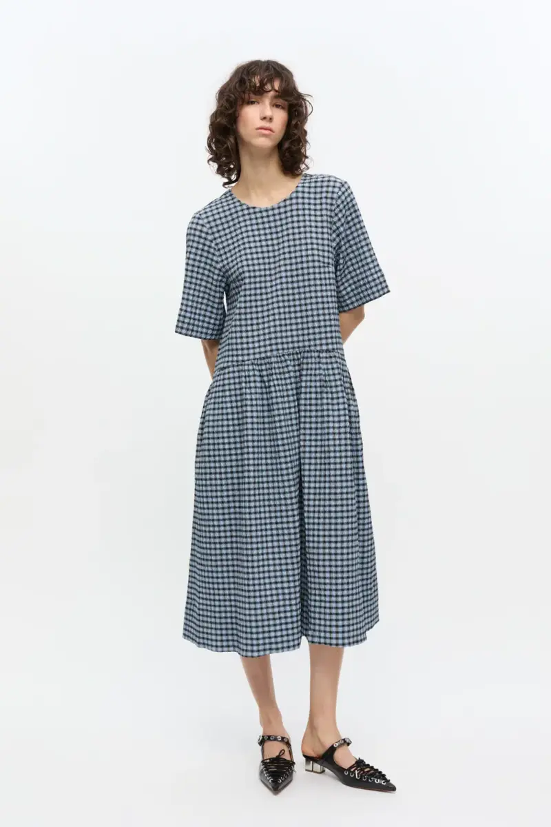 Blue Seersucker Check Midi Dress