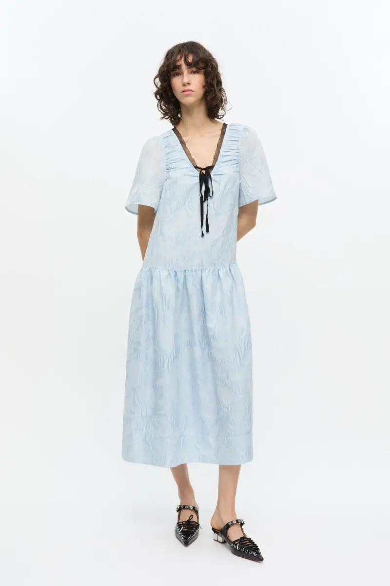 Blue Textured Cloque Midi Dress