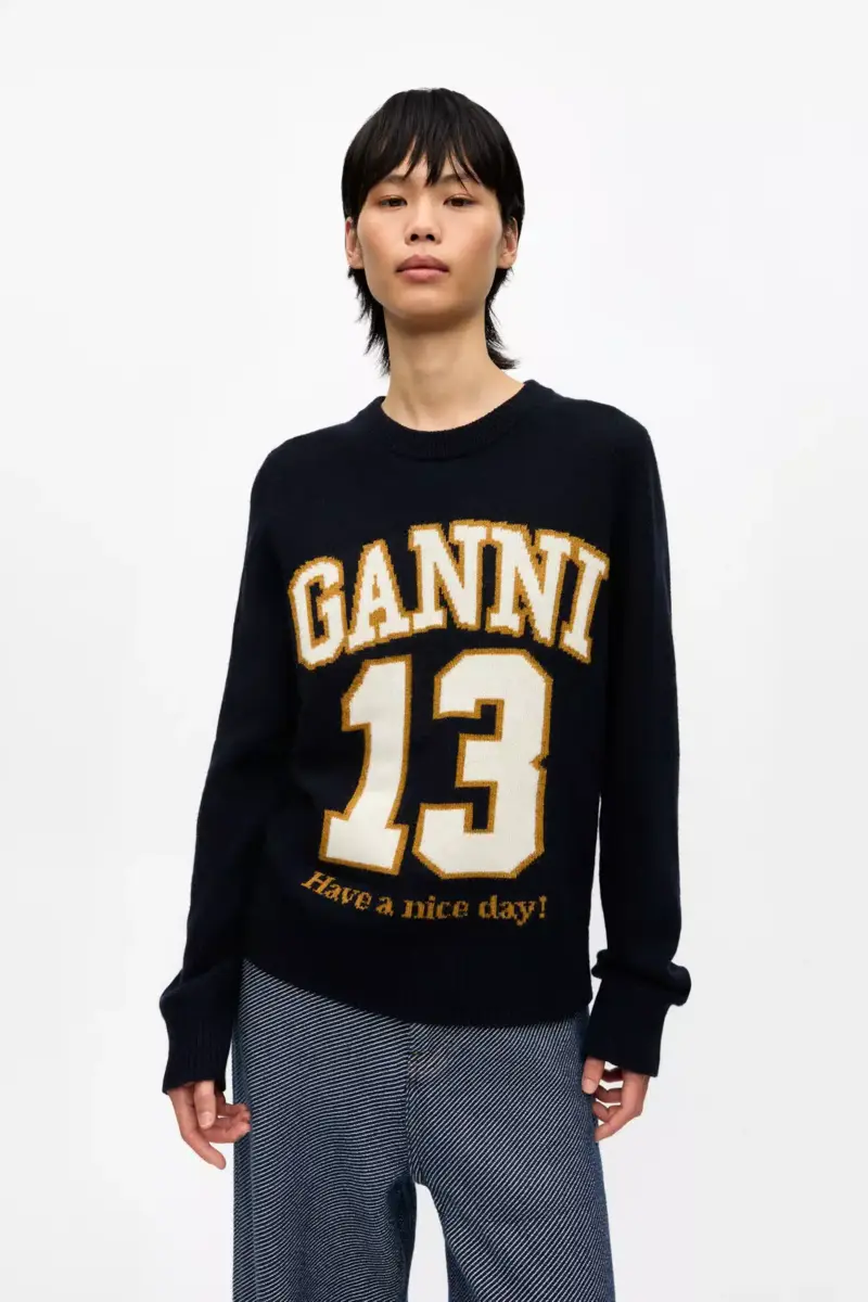 Dark Blue Graphic Wool Mix Baseball Jumper