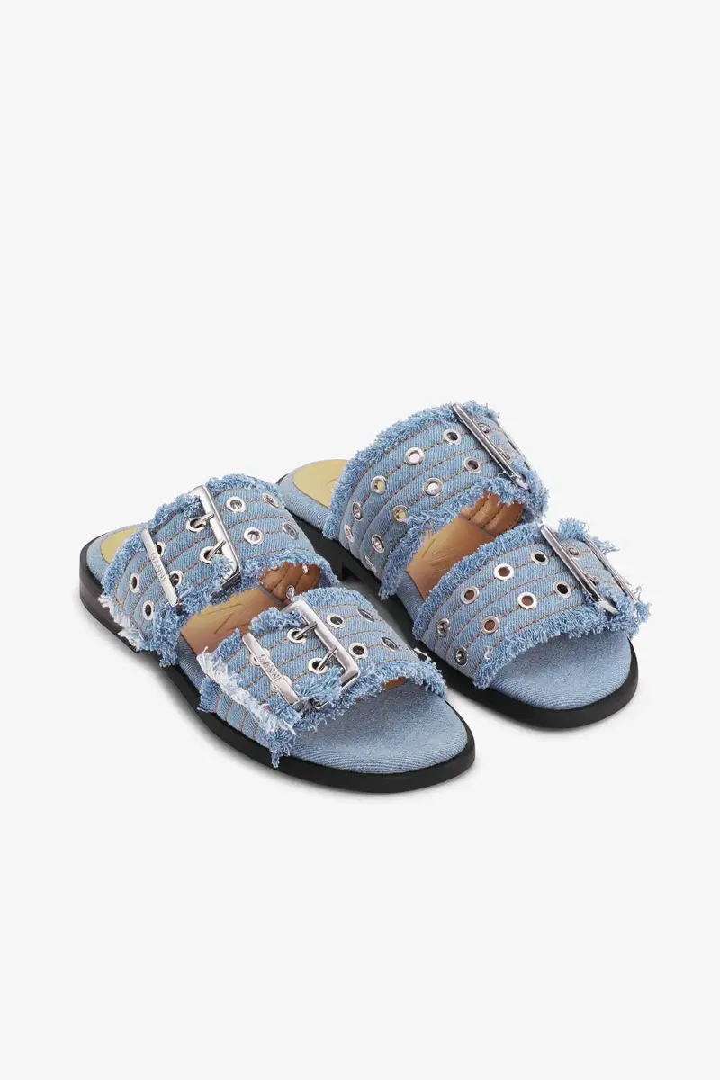 Feminine Buckle Two-Strap Sandals in Blue Denim