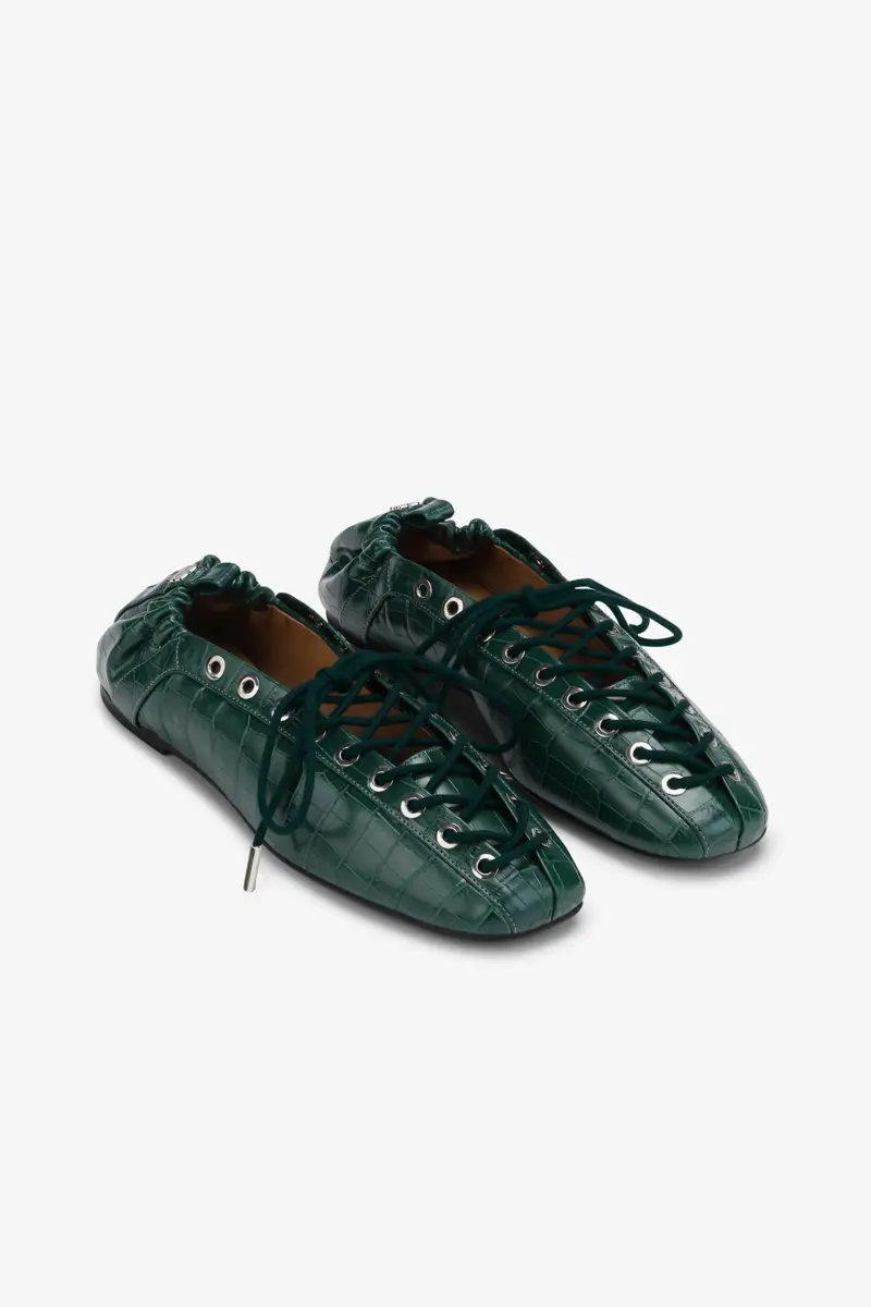 Lace-Up Ballerinas in Green Croco