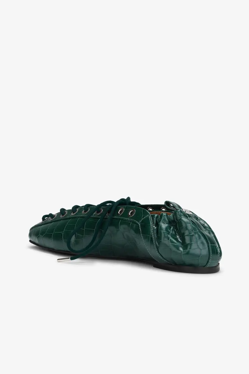 Lace-Up Ballerinas in Green Croco Lace-Up Ballerinas in Green Croco
