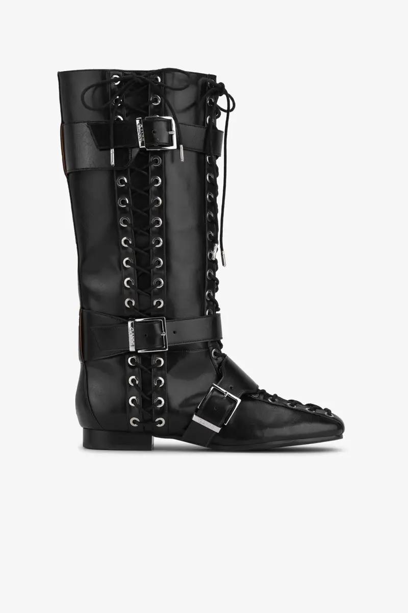 Lace-Up High Boots in Black Crinkle Oleatex