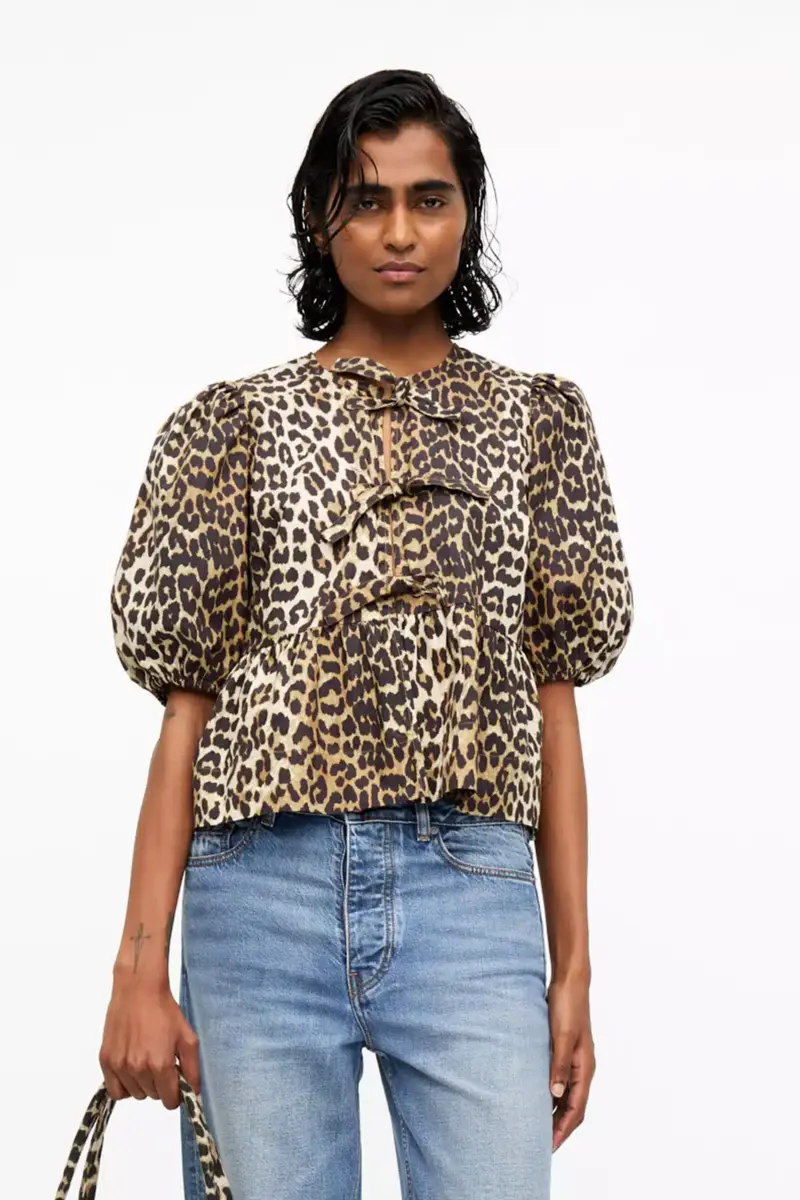 Leopard Cotton Poplin Peplum Tie Blouse