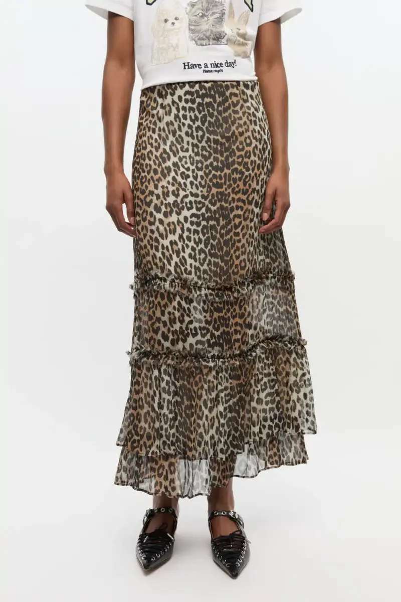 Leopard Print Long Chiffon Ruffle Skirt