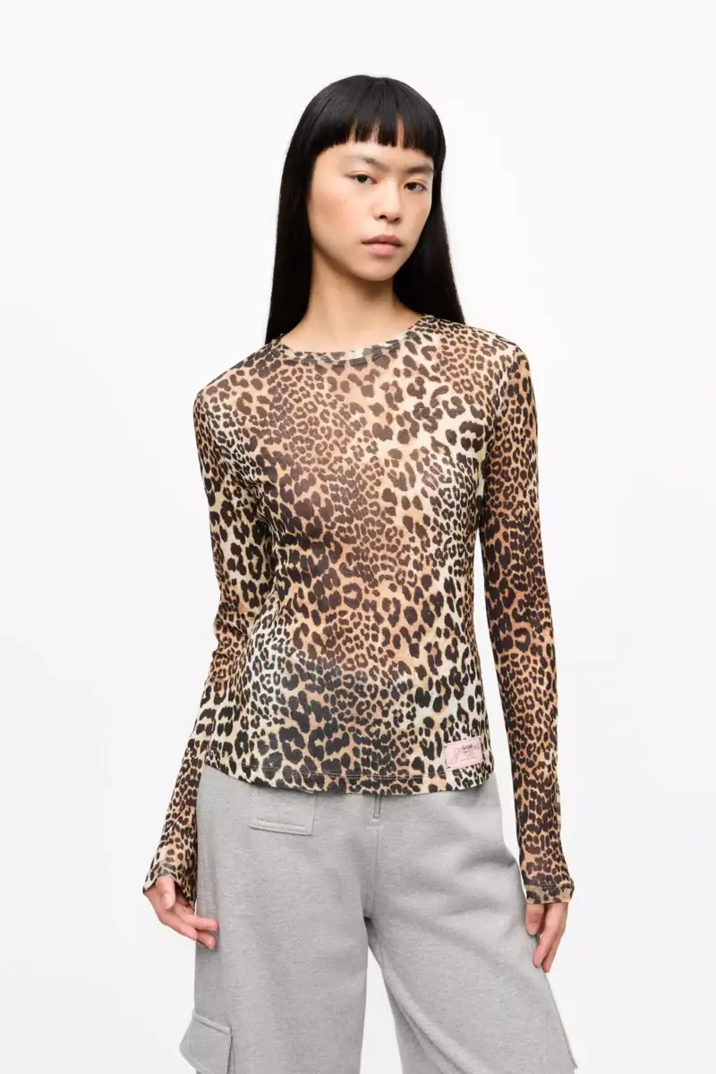 Leopard Printed Mesh Long Sleeve Blouse