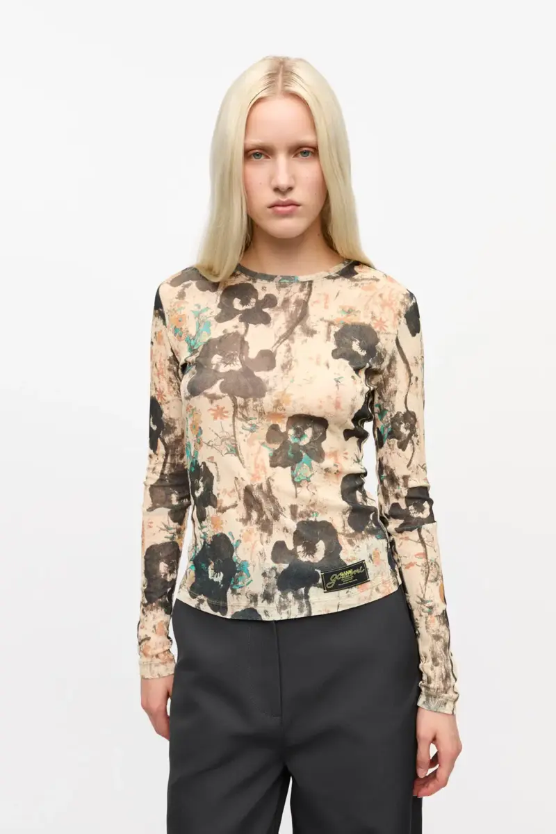 Printed Marl Mesh Long Sleeve Top