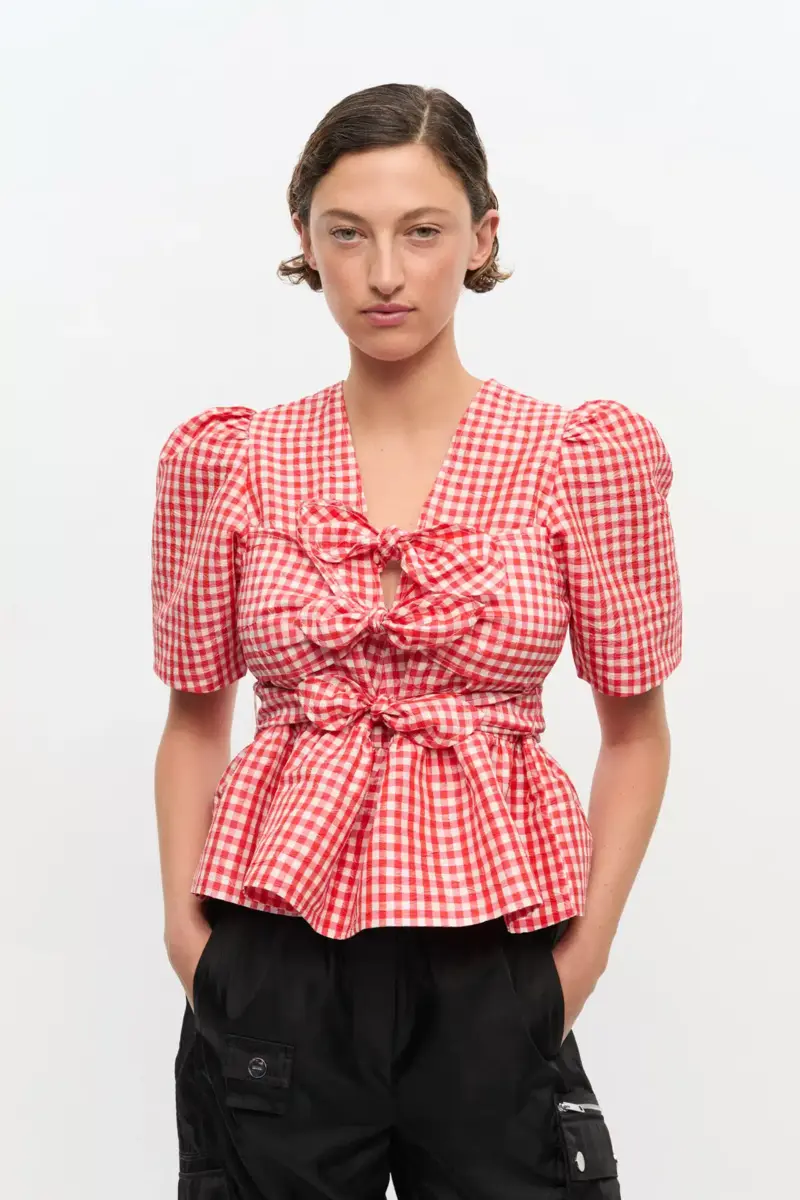 Red Crinkled Check Taffeta Blouse