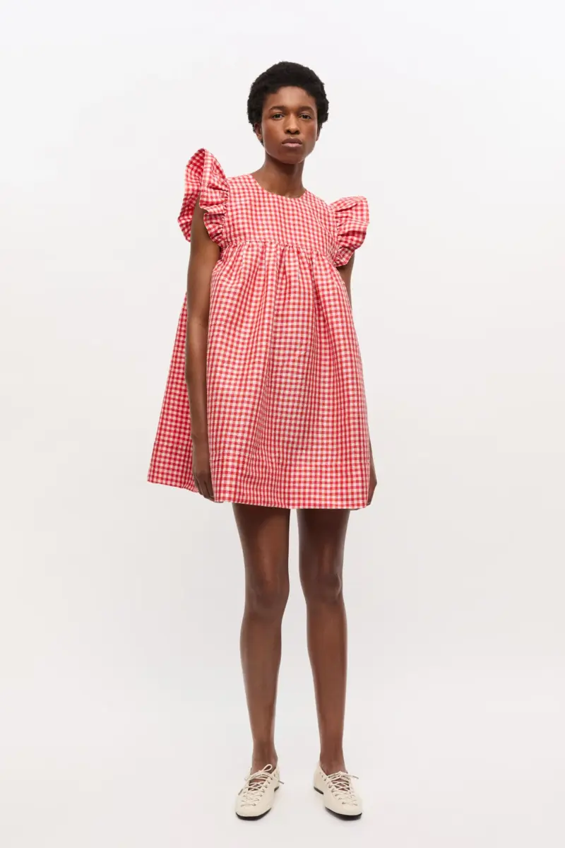 Red Crinkled Check Taffeta Dress