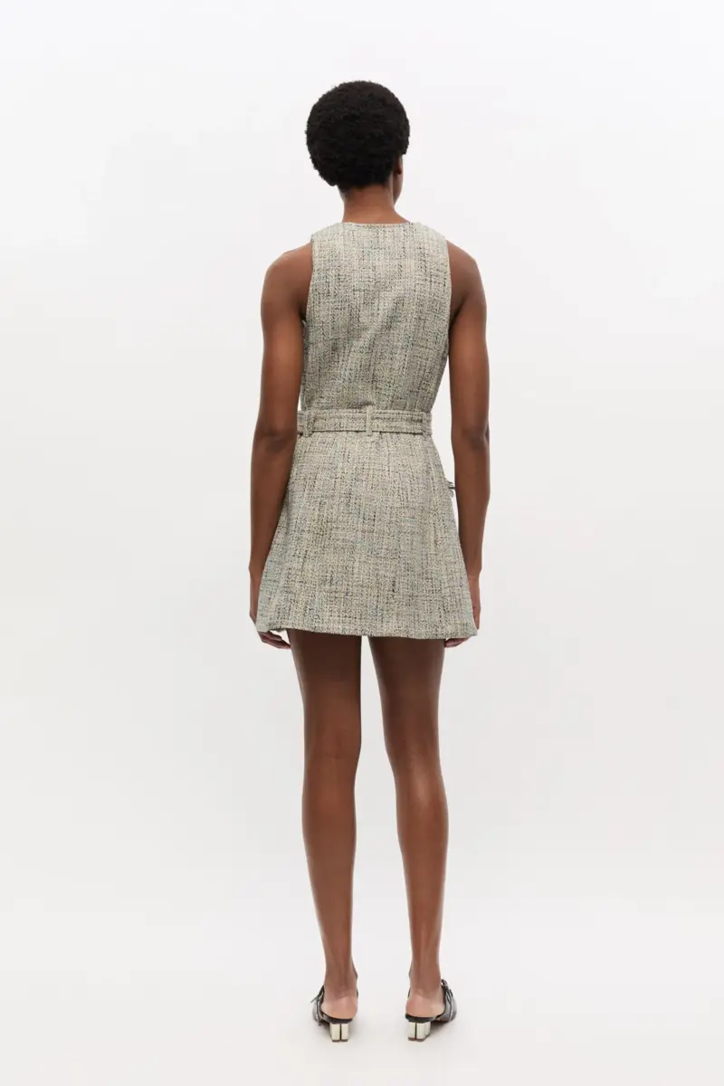 Tweed Sleeveless Belted Dress